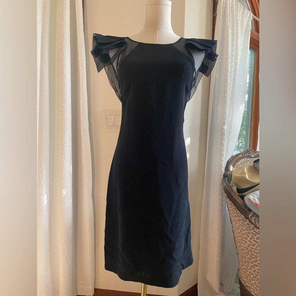 Rebecca Taylor Navy Dress with Sheer Ruffle Sleeves Size 0 EUC